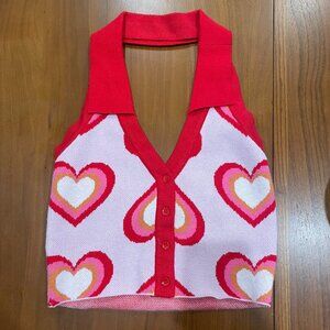 Pink & Red Heart Halter Neck Crop Top